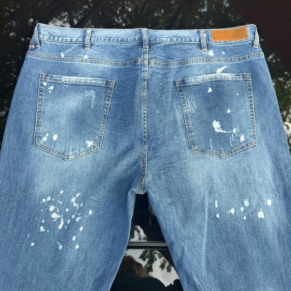 Sean John Mens 40 Tapered Stretch Jeans Tiger Embroidery Paint Splatter